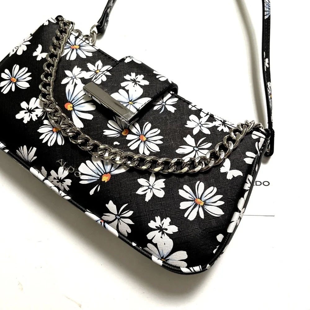 ALDO Daisy Floral Shoulder Bag Black White Chain Baguette Purse NWT